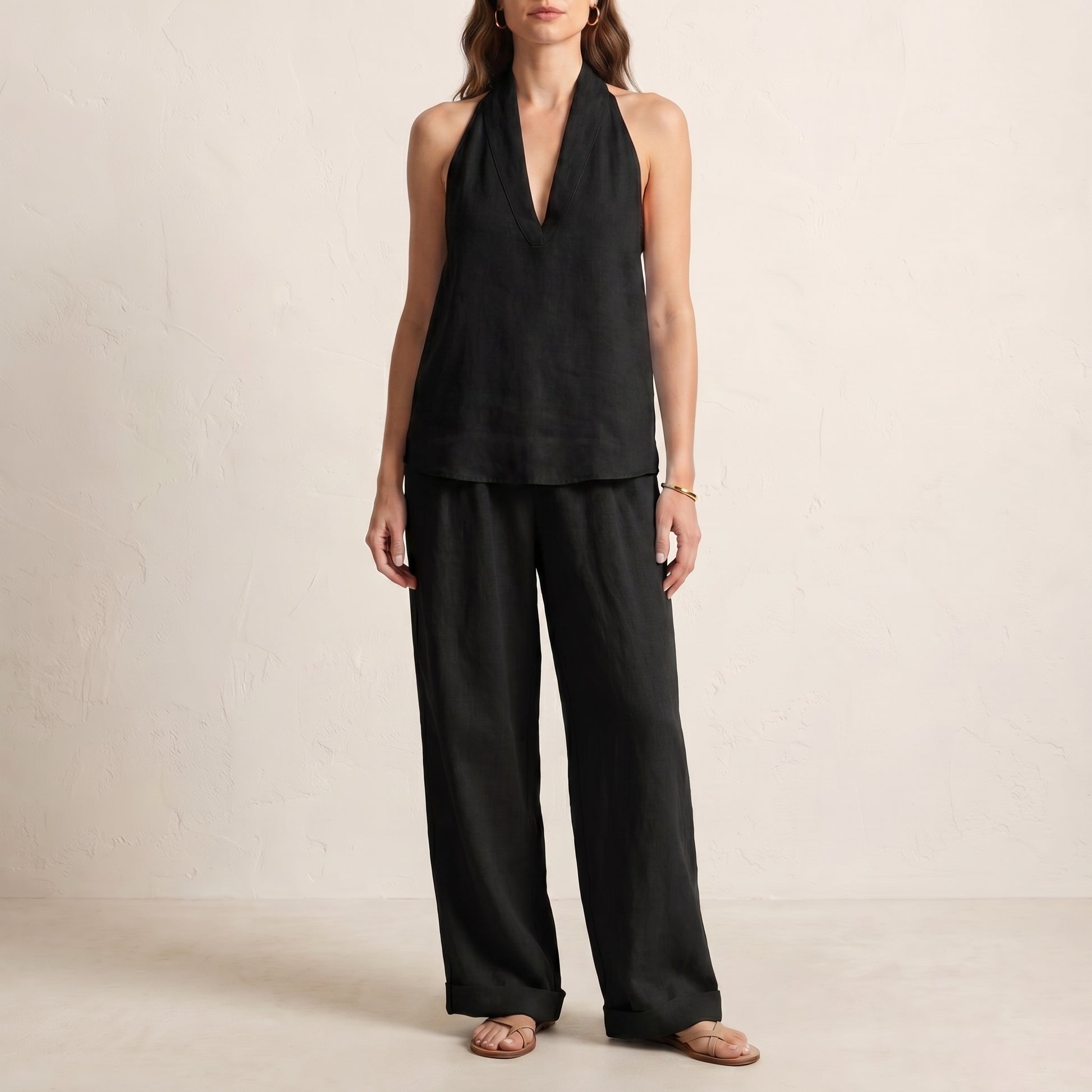 Relaxed Two-Piece Halter V-Neck Set with Wide-Leg Pants