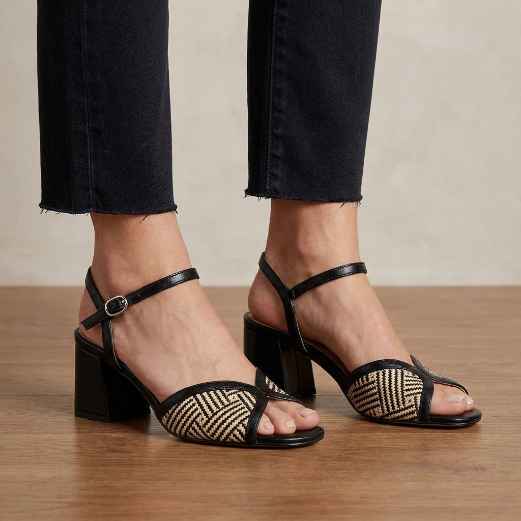 Woven Geometric Strap Block Heel Sandals with Buckled Ankle
