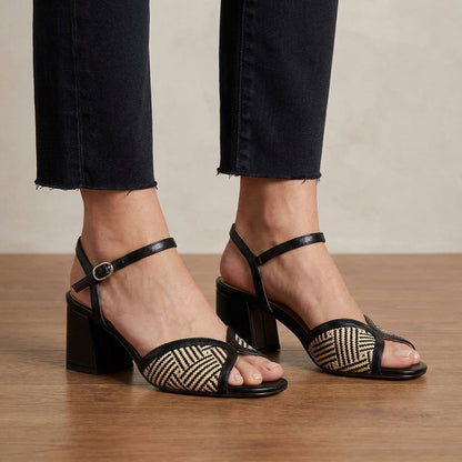 Woven Geometric Strap Block Heel Sandals with Buckled Ankle