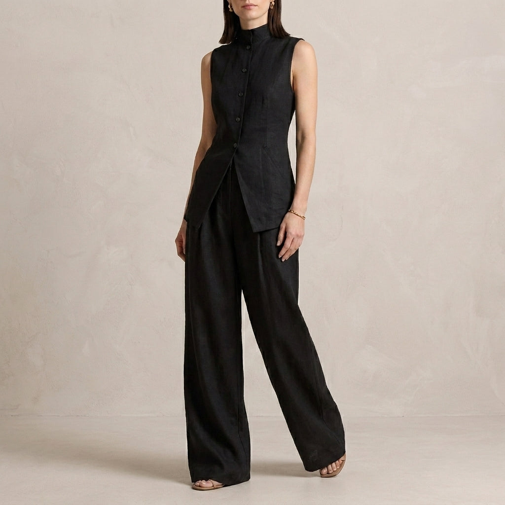 Sophisticated Sleeveless High-Neck Two-Piece Set with Flowing Wide-Leg Trousers