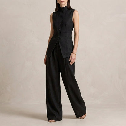 Sophisticated Sleeveless High-Neck Two-Piece Set with Flowing Wide-Leg Trousers