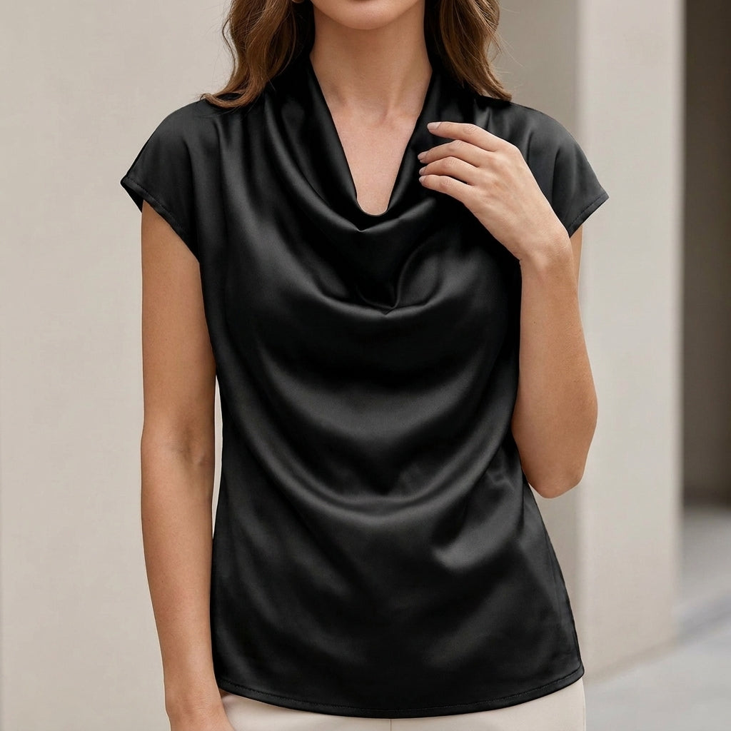 Relaxed Fit Cowl Neck Blouse with Draped Waterfall Silhouette