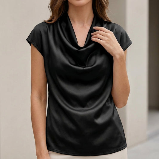 Relaxed Fit Cowl Neck Blouse with Draped Waterfall Silhouette