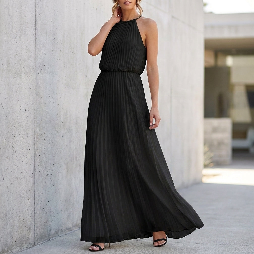 Elegant Pleated Halter Neck Maxi Dress with Flowing Silhouette