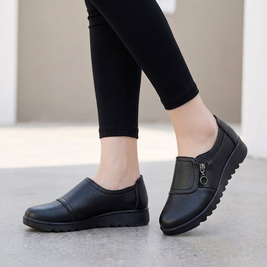 Structured Pebble-Grain Orthopedic Loafers with Side Zip and Platform Sole
