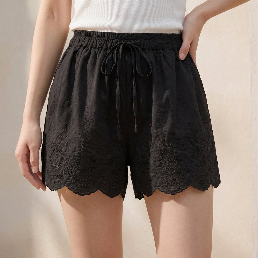 Embroidered Lace-Trimmed Shorts with Drawstring Waist and Scalloped Hem