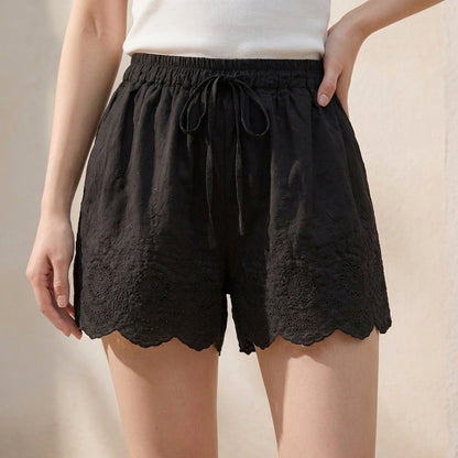 Embroidered Lace-Trimmed Shorts with Drawstring Waist and Scalloped Hem