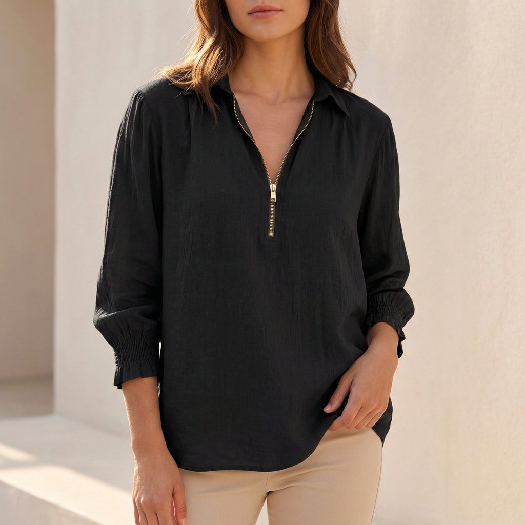 Linen Oversized Zip-Up Blouse with Gathered Cuffs and Relaxed Silhouette