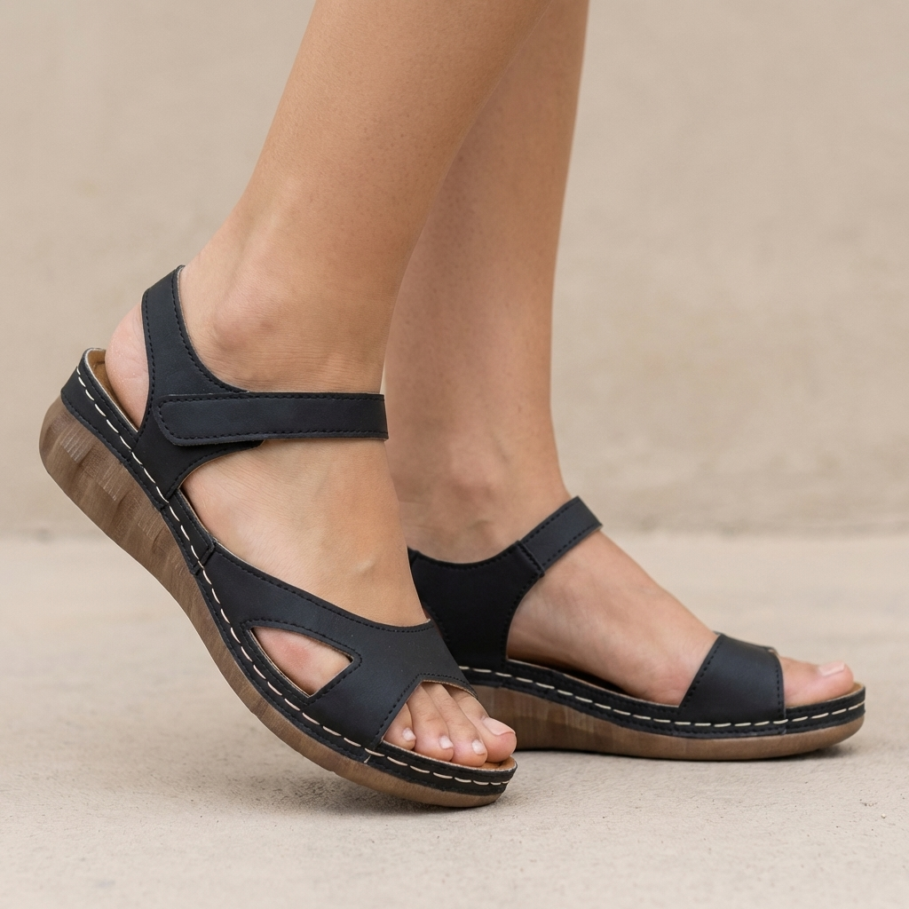 Mary Contoured Wedge Sandals with Adjustable Ankle Strap and Cut-Out Detail