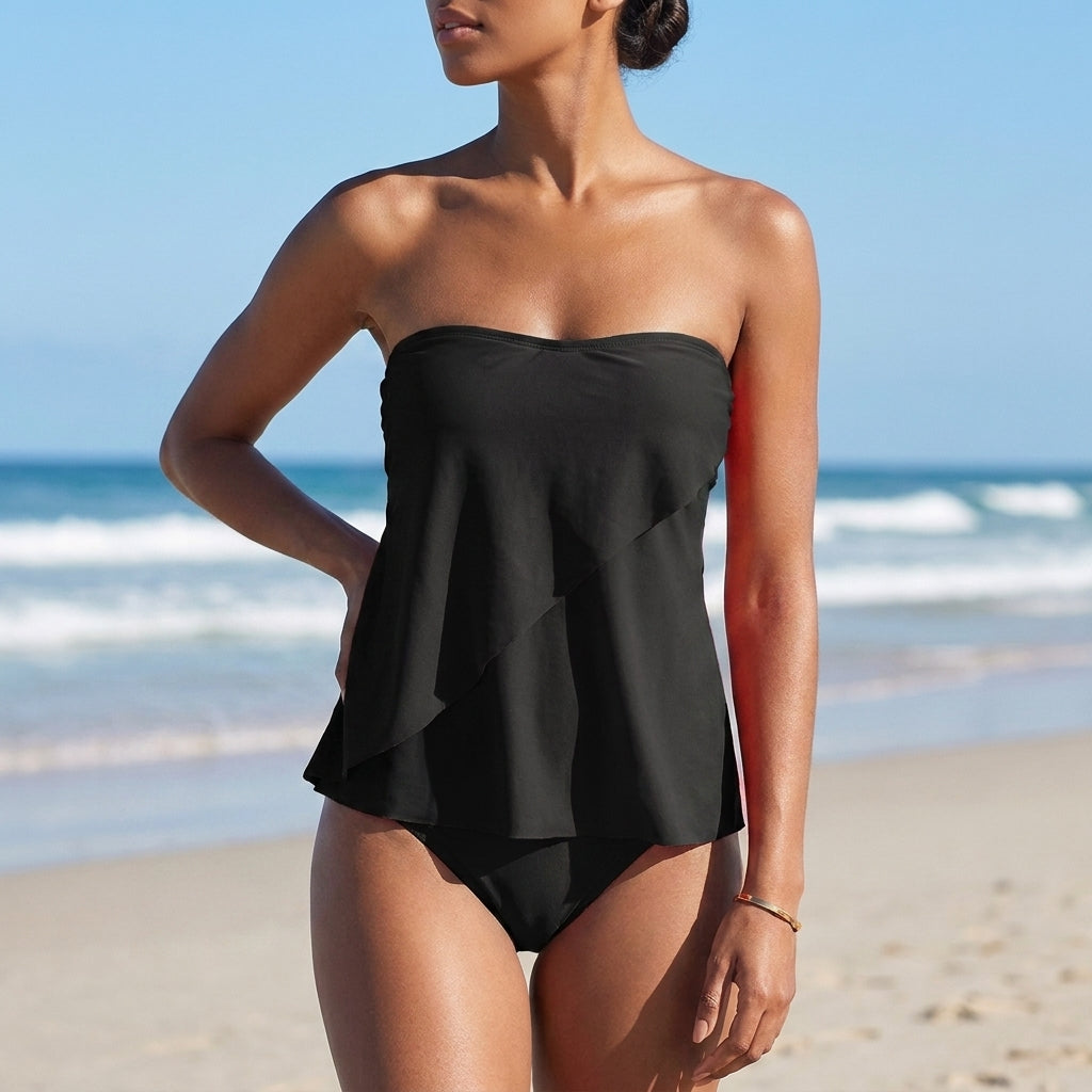 Strapless Layered Ruffle Tankini Set with Fitted Bottoms