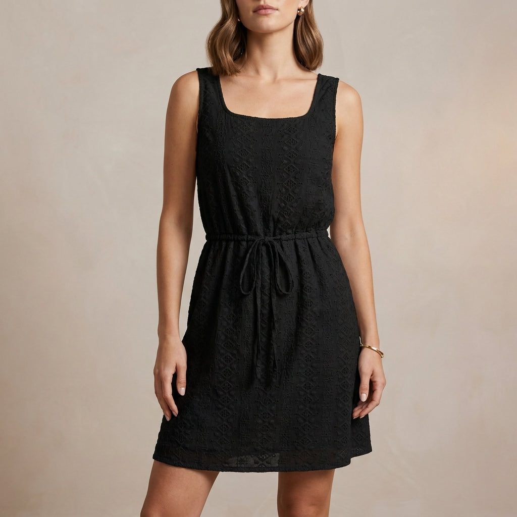 Sleeveless Mini Dress with Hollow-Out Textured Fabric and Adjustable Waist