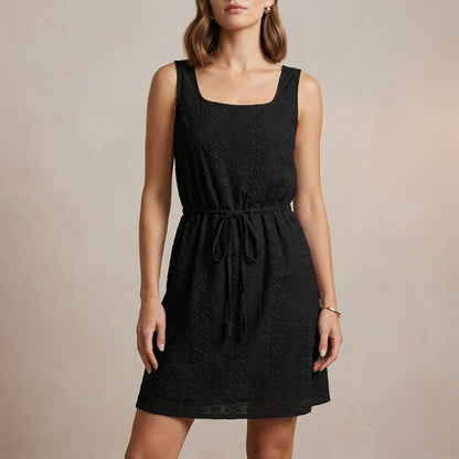 Sleeveless Mini Dress with Hollow-Out Textured Fabric and Adjustable Waist