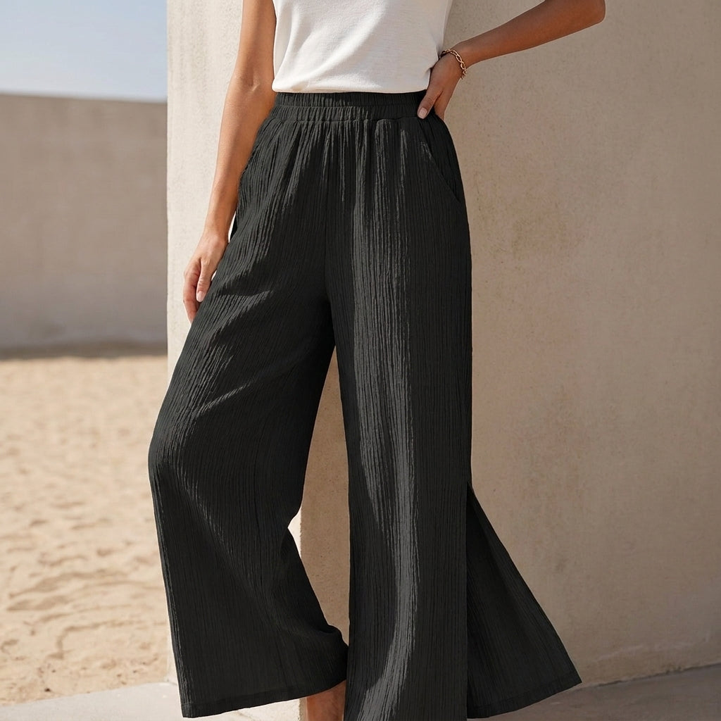High-Rise Wide-Leg Pants with Smocked Waist and Textured Weave