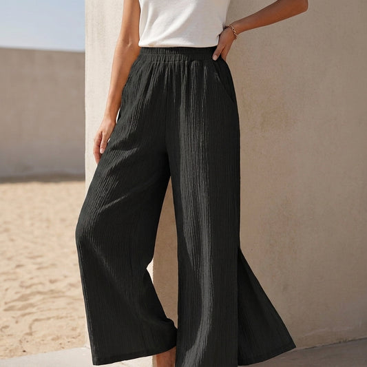High-Rise Wide-Leg Pants with Smocked Waist and Textured Weave