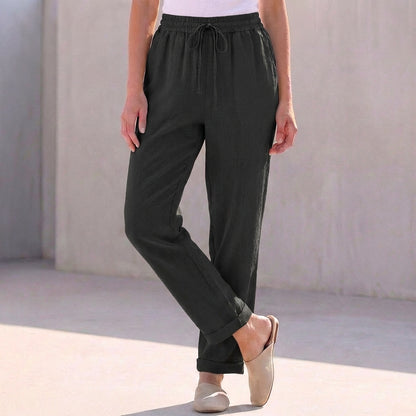 Relaxed Fit Cotton Linen Ankle-Length Pants with Drawstring Waist
