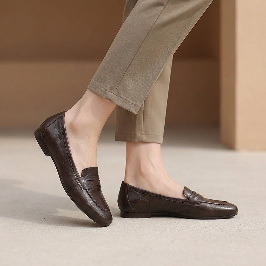 Slim Slip-On Flat Loafers with Penny Strap and Apron Stitching