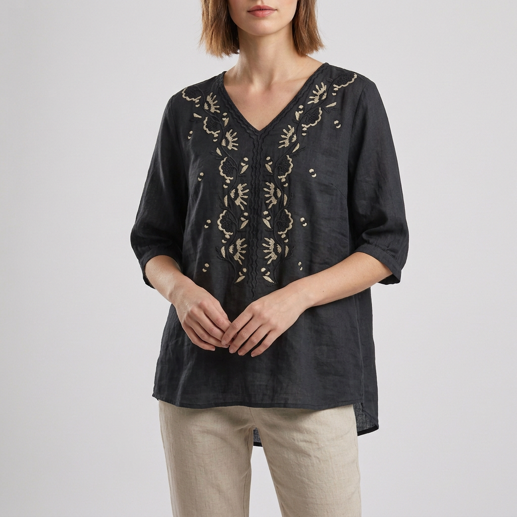 Relaxed V-Neck Blouse with Embroidered Floral Accents and High-Low Hem