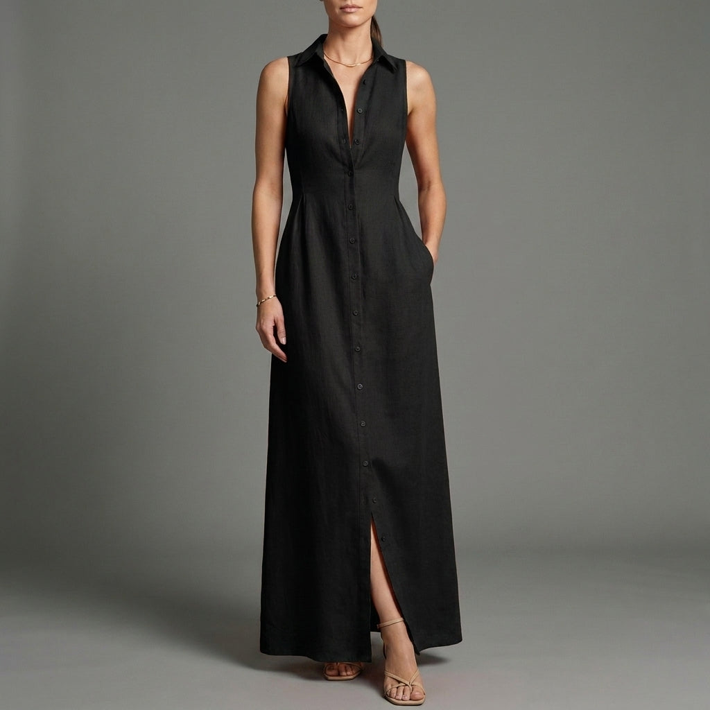 Sleeveless Button Front Maxi Dress with Elegant Tailored Resort Silhouette