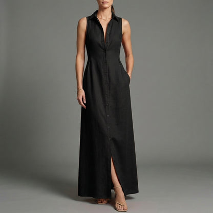 Sleeveless Button Front Maxi Dress with Elegant Tailored Resort Silhouette