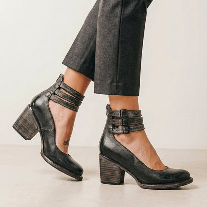 Distressed Vegan Leather Block Heel Pumps with Buckled Ankle Straps and Cut-Out Details