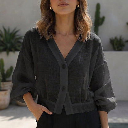 Breezy Cropped Blouse with Voluminous Balloon Sleeves