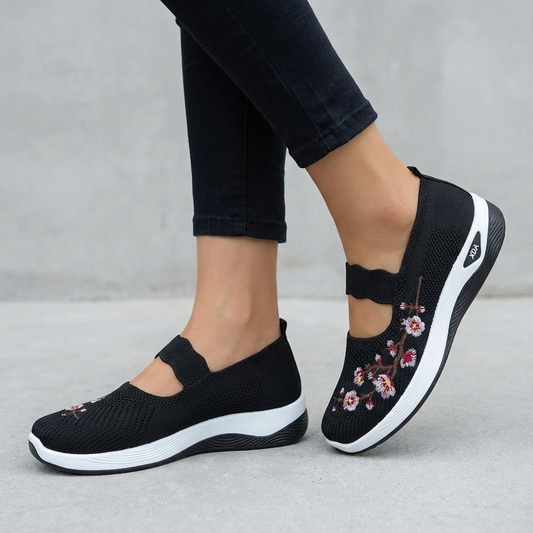 Knit Mesh Mary Jane Flats with Floral Embroidery and Scalloped Strap