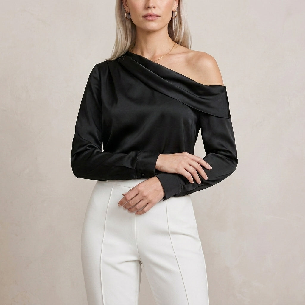 Elegant Off-Shoulder Blouse with Draped Asymmetrical Neckline