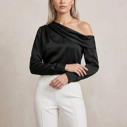Elegant Off-Shoulder Blouse with Draped Asymmetrical Neckline