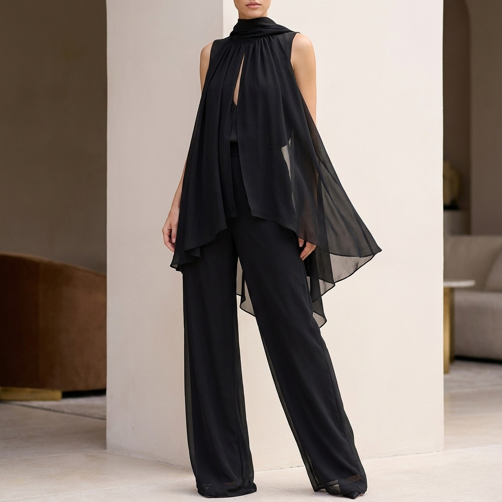 Flowing Chiffon Halter Top and Pants Set with Pleated High-Neck and Tiered Hem