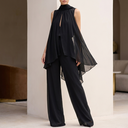 Flowing Chiffon Halter Top and Pants Set with Pleated High-Neck and Tiered Hem