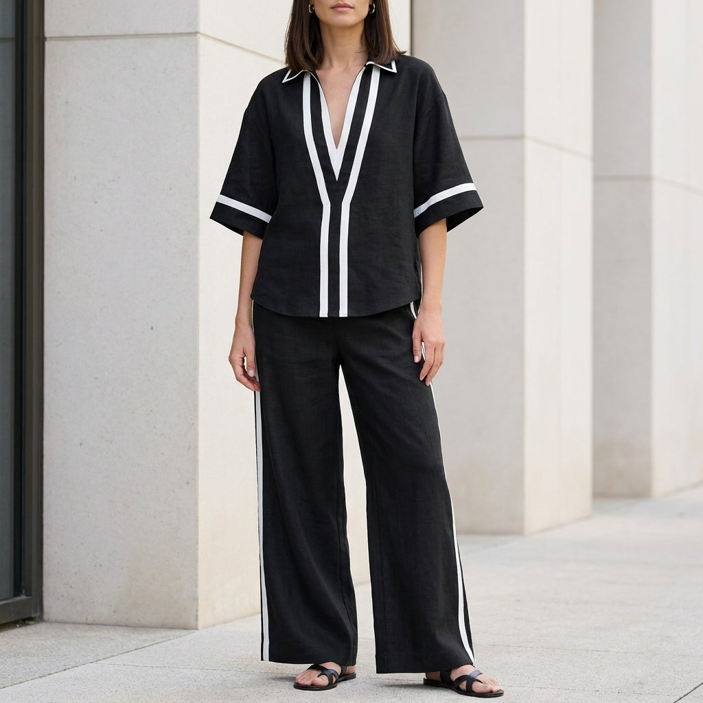 Coastal Chic Contrast Trim Top and Wide-Leg Pants Set