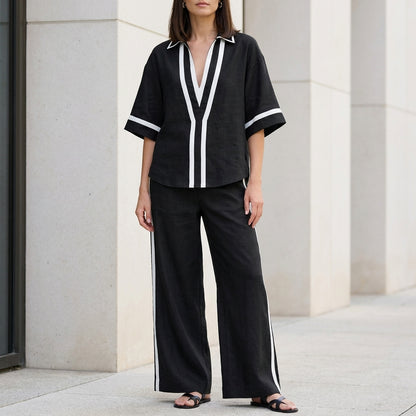 Coastal Chic Contrast Trim Top and Wide-Leg Pants Set