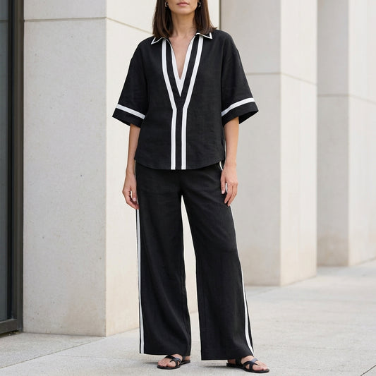 Coastal Chic Contrast Trim Top and Wide-Leg Pants Set