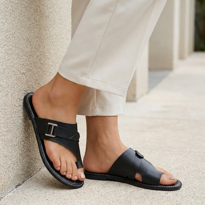 Cross Strap Toe Loop Slide Sandals with Buckle Detail