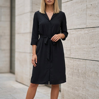 Tailored Knee-Length Shirt Dress with Waist Tie and Side Pockets