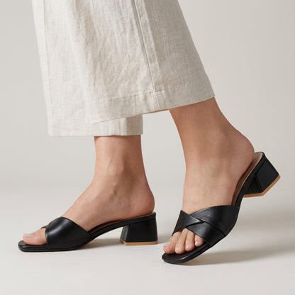 Elegant Cross-Strap Block Heel Slide Sandals
