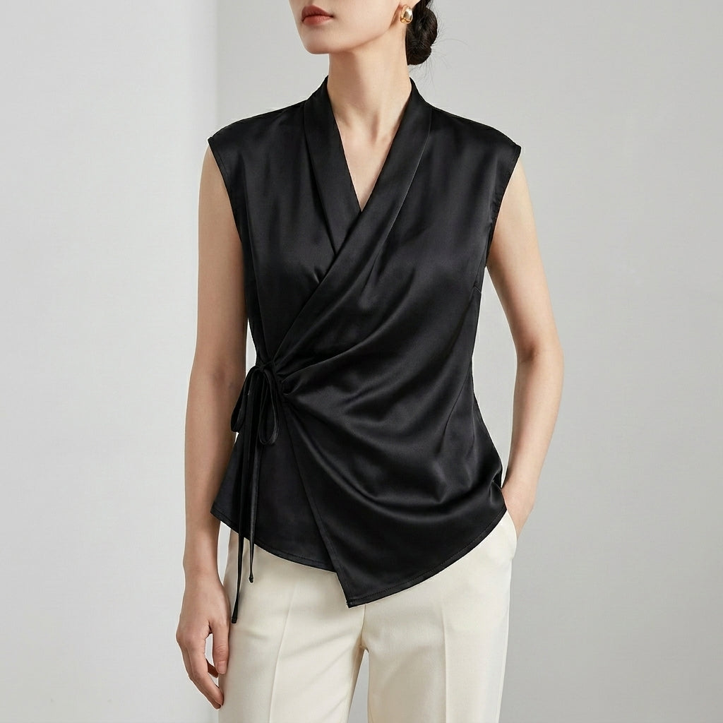 Tailored Sleeveless Wrap Blouse with Pleated Draping and Side Tie Closure