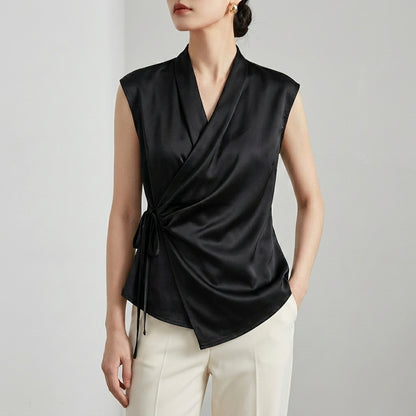 Tailored Sleeveless Wrap Blouse with Pleated Draping and Side Tie Closure