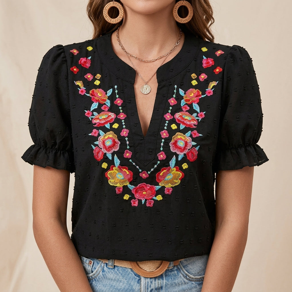 Embroidered Floral Notch Neckline Blouse with Puff Sleeve Detail