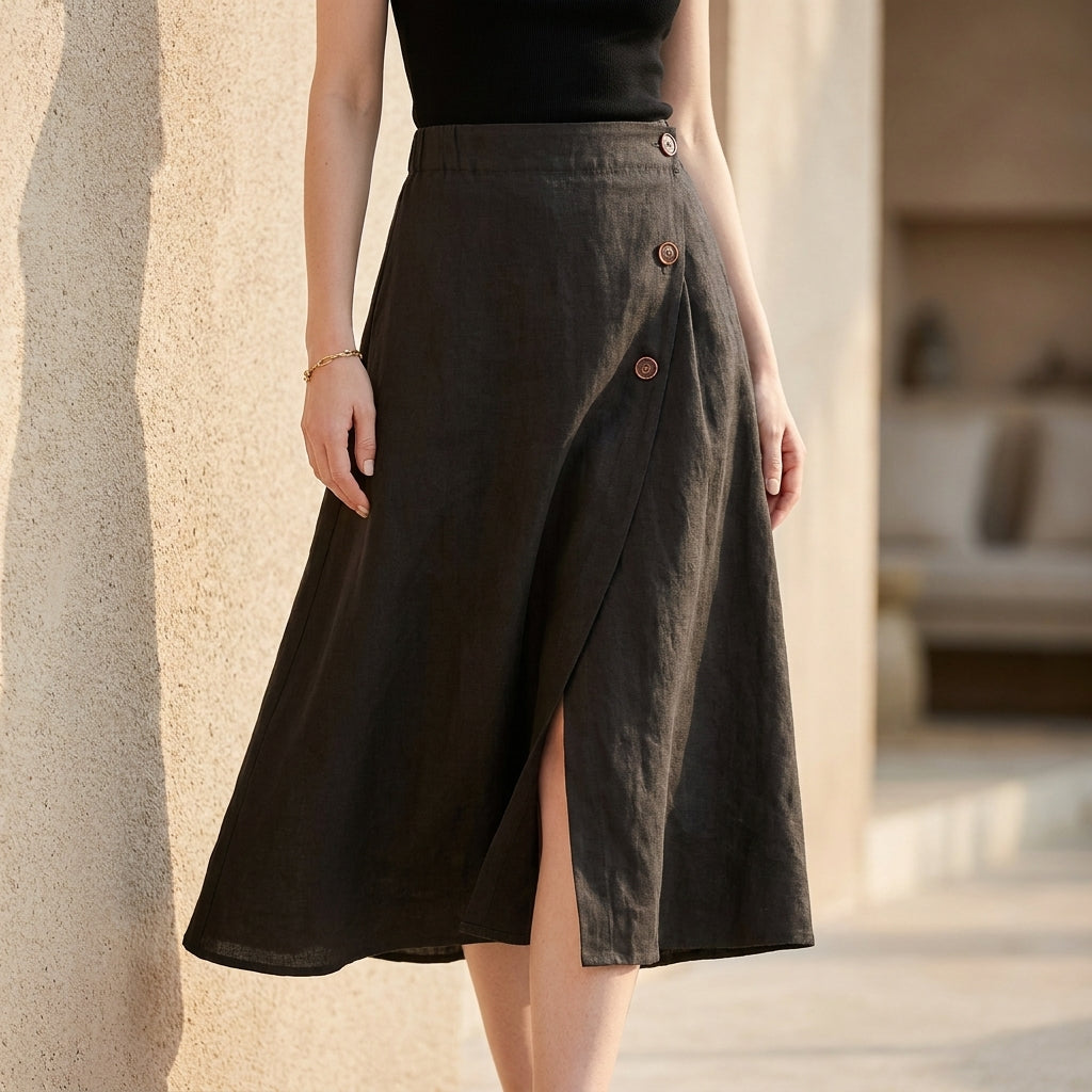 Button Detail Wrap Style Midi Skirt