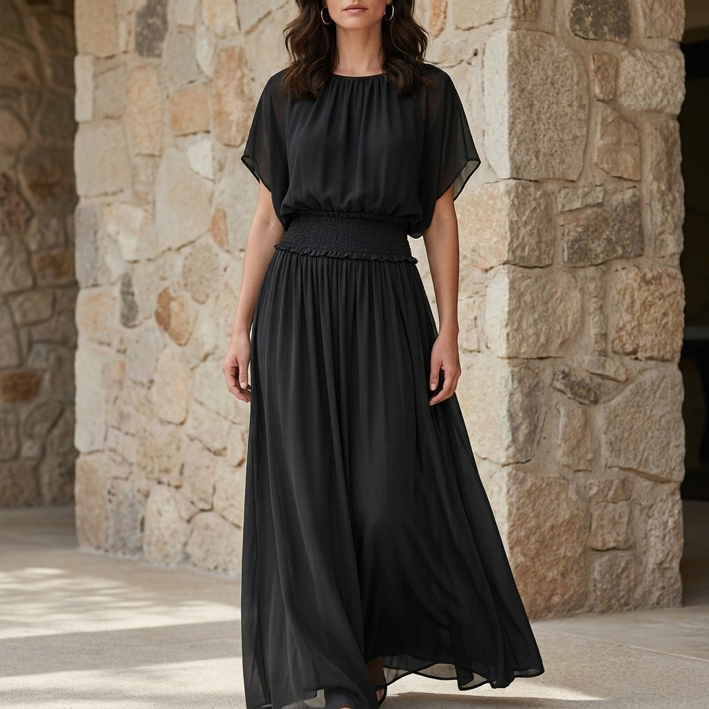 Flowing Smocked Waist Maxi Dress with Draped Sleeves