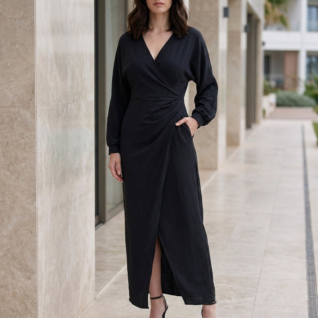 Elegant Draped Wrap Maxi Dress with Twist Waist Detail