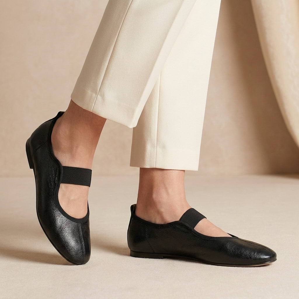 Pebbled Grain Ballerinas with Elasticated Trim and Seam Detail