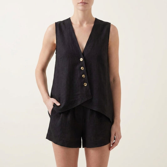 Relaxed Sleeveless V-Neck Two-Piece Set with Asymmetrical Button Front
