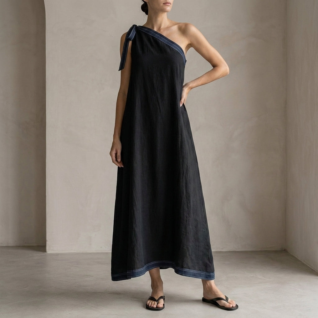 Effortless One-Shoulder Tie Detail Maxi Dress with Contrasting Trim