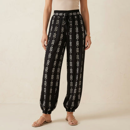 High-Waisted Lantern Pants with Tapered Cuffs and Ethnic Motifs