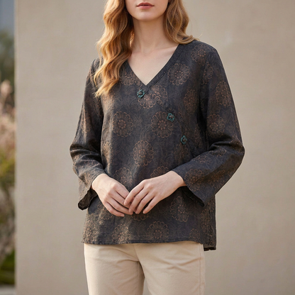 Relaxed Crosswrap Blouse with V-Neck and High-Low Hem