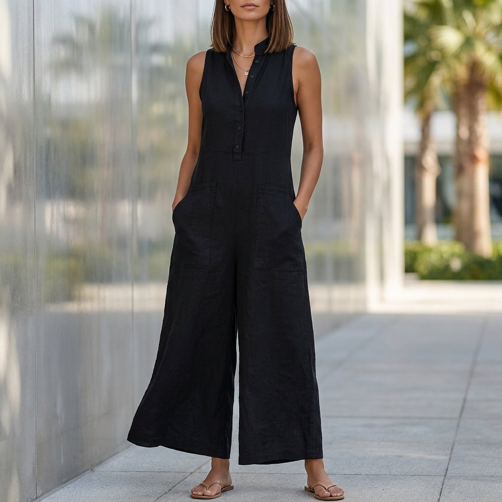 Textured Wide-Leg Sleeveless Jumpsuit with Stand Collar and Pockets