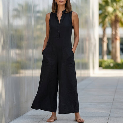 Textured Wide-Leg Sleeveless Jumpsuit with Stand Collar and Pockets