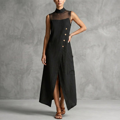 Sleeveless A-Line Maxi Dress with Sheer Mesh Yoke and Asymmetric Buttons